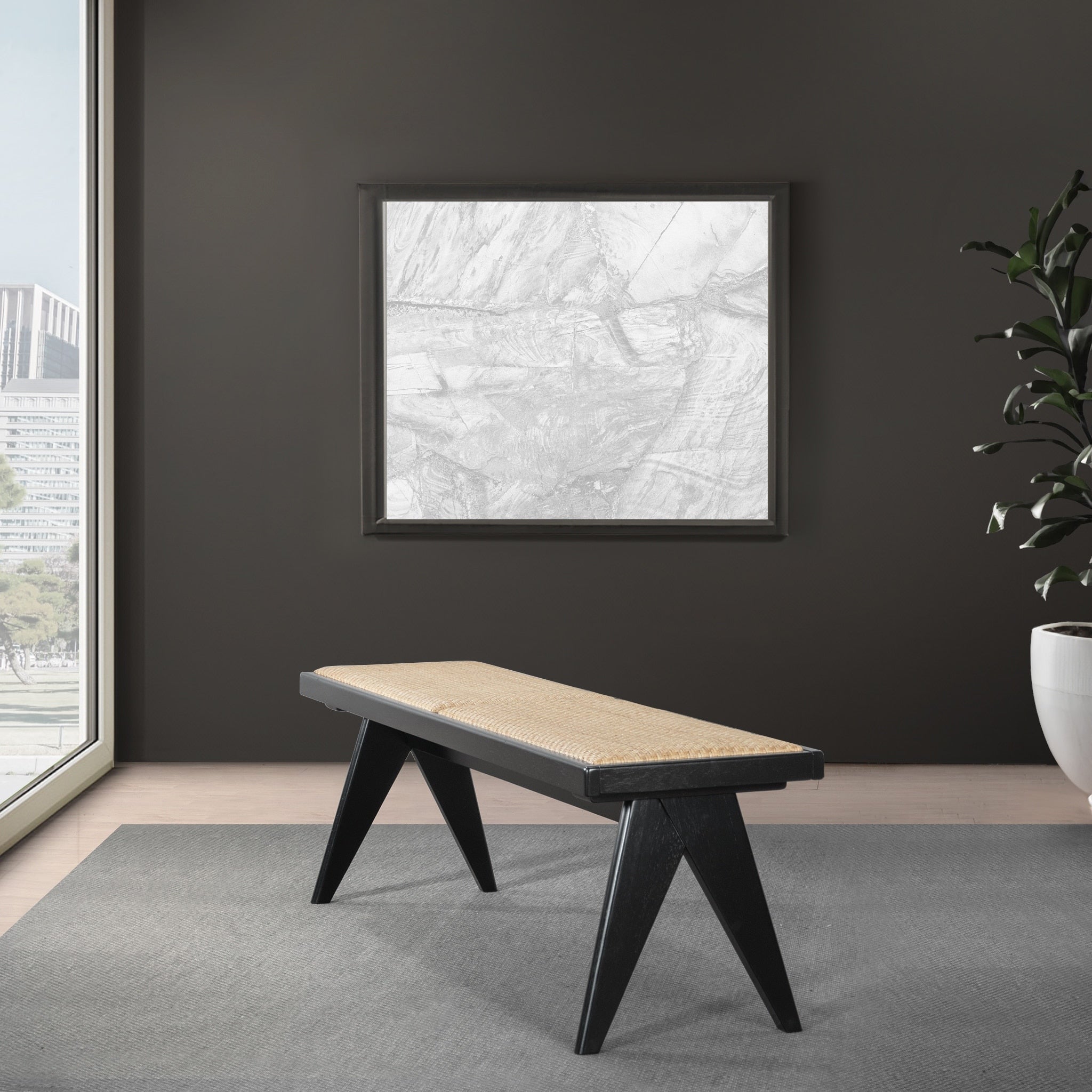 Keira Black Solid Wood and Rattan Bench 51'