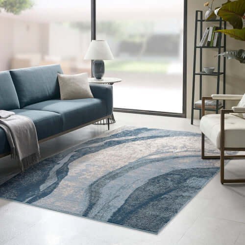 Blue Abstract Wave Poly Fiber Area Rug (2 Sizes Med-Large)