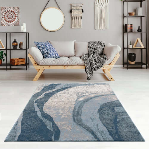 Blue Abstract Wave Poly Fiber Area Rug (2 Sizes Med-Large)