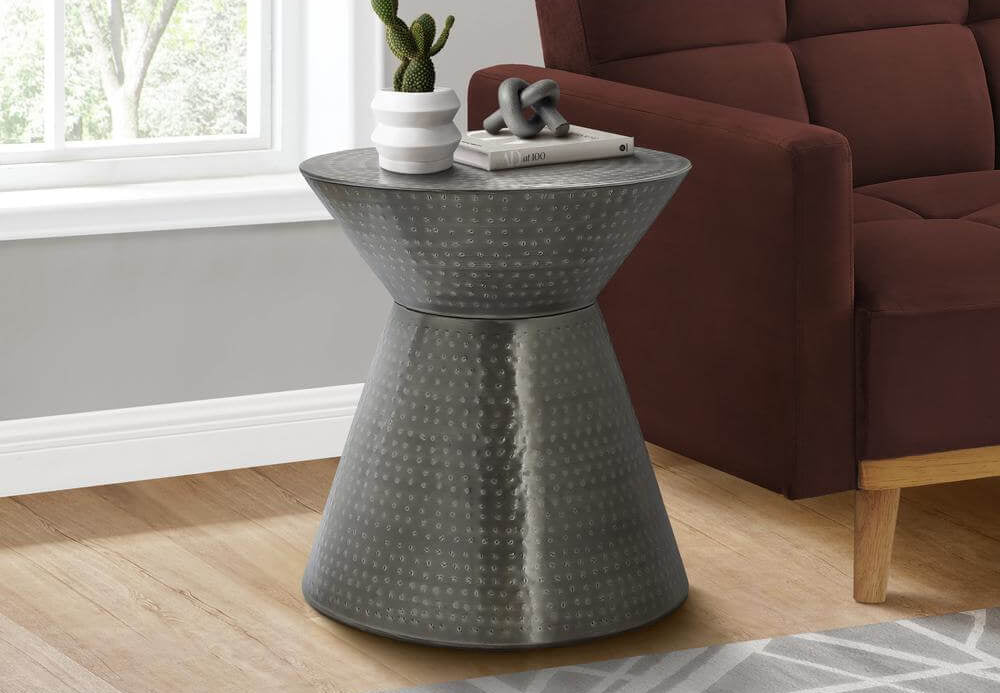 Hammered Metal Hourglass Drum Accent End Table (3 Colors)