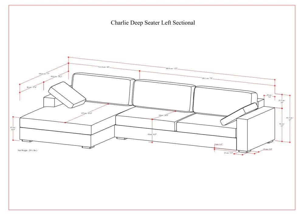 Charlie Modern Deep Seat Sectional Chaise Sofa 122 (2 Colors)