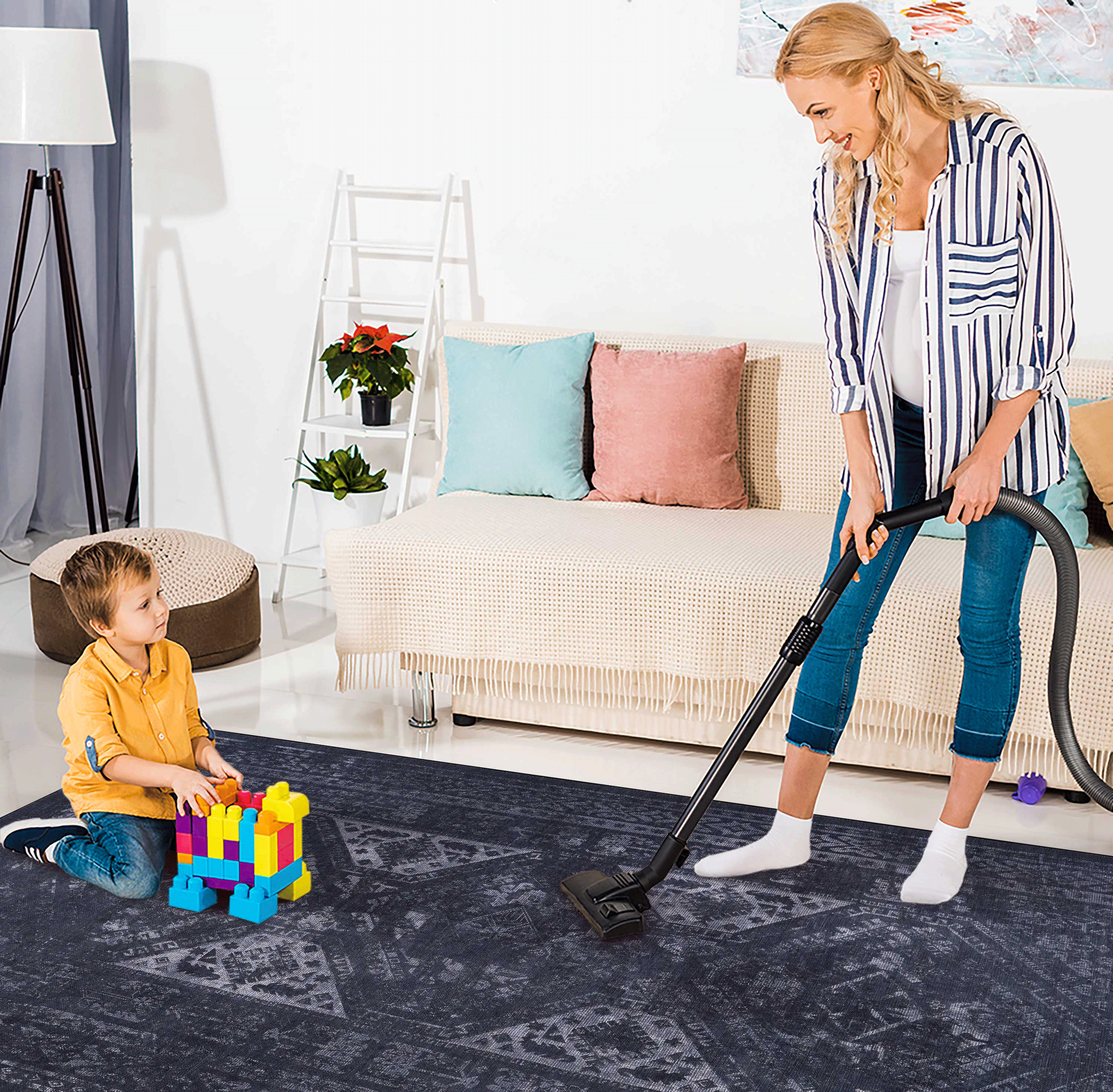 Black and Gray Washable Rectangular Area Rug (Various Sizes)