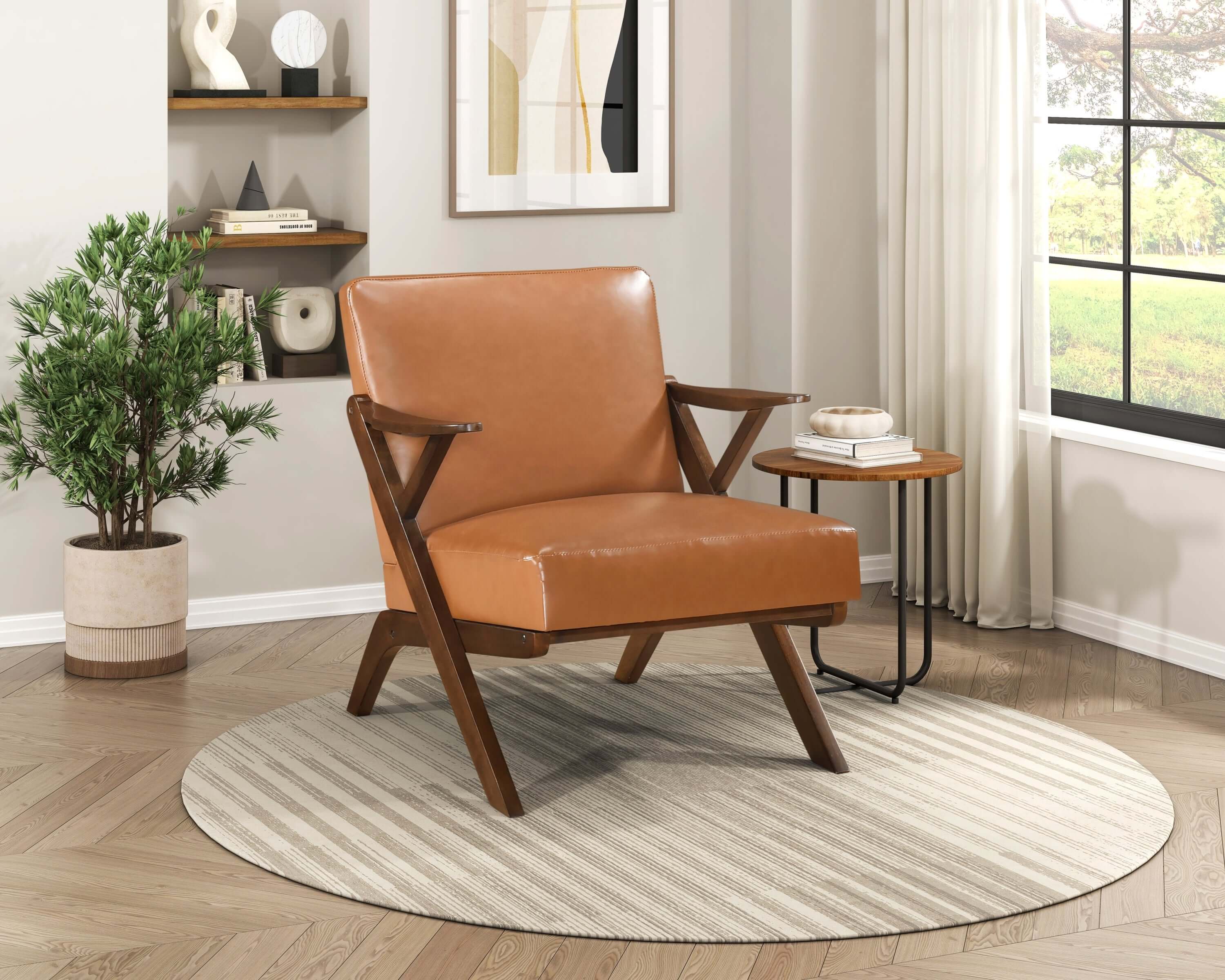 Brown Faux Leather MCM Hard Wood Frame Armchair (2 Color Options)
