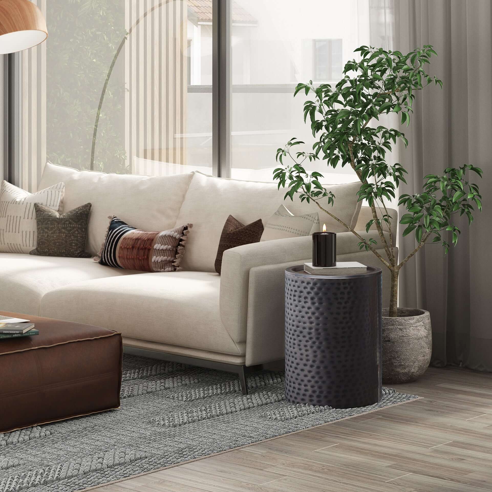 Corbin Hammered Antique Metal Cylindrical Side Table 16'