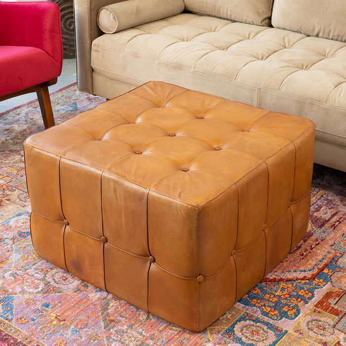 Benjiro Button Tufted Square Leather Ottoman 27