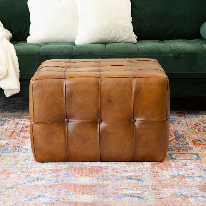 Benjiro Button Tufted Square Leather Ottoman 27