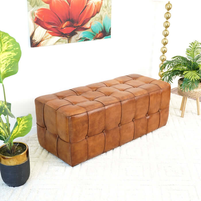 Benjiro Button Tufted Rectangular Leather Ottoman 47