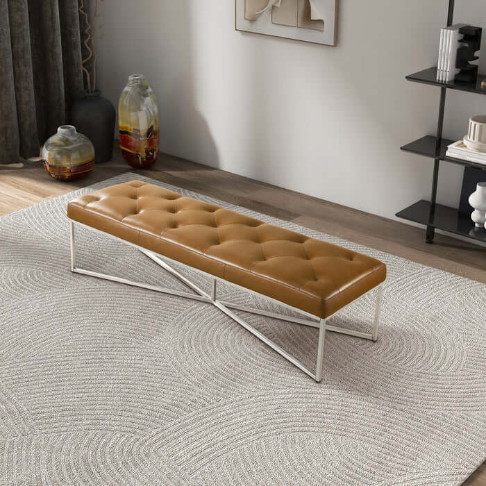 Harper Tufted Tan Leather Upholstered Bench 60