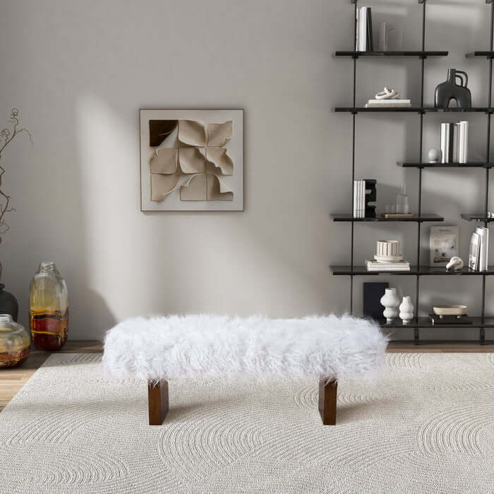 Henley Upholstered White Fur Solid Wood Bench 51