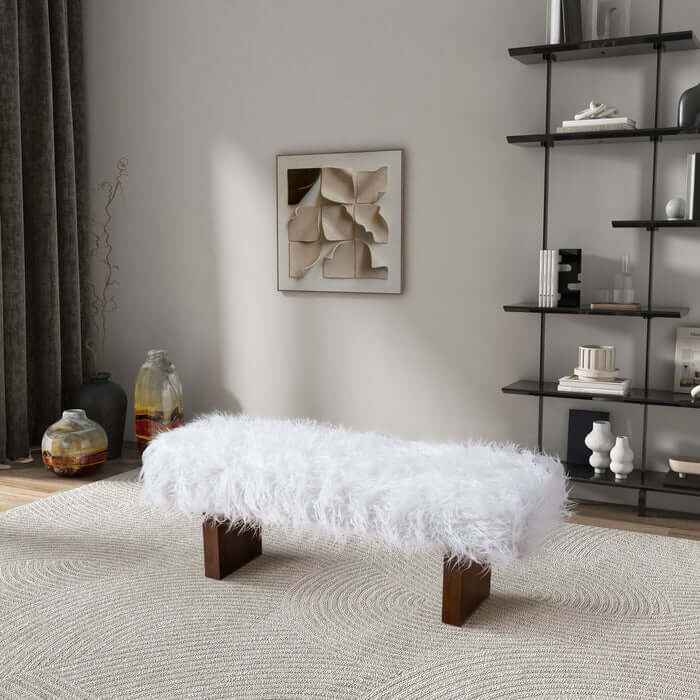 Henley Upholstered White Fur Solid Wood Bench 51