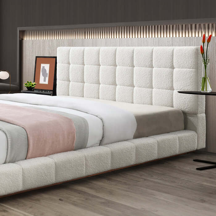 Hudson Tufted Ivory Boucle Upholstered Bed Frame Platform