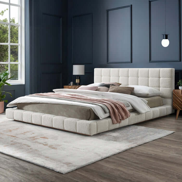 Hudson Tufted Ivory Boucle Upholstered Bed Frame Platform
