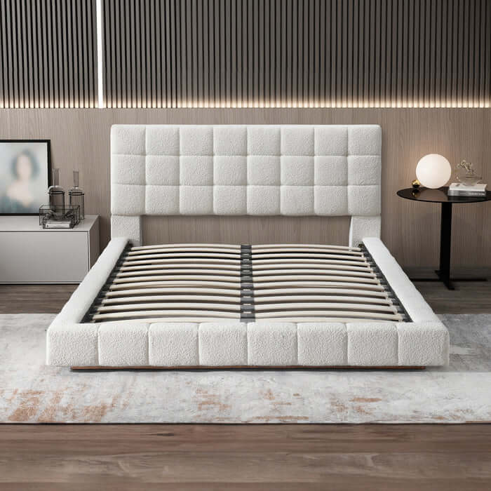Hudson Tufted Ivory Boucle Upholstered Bed Frame Platform