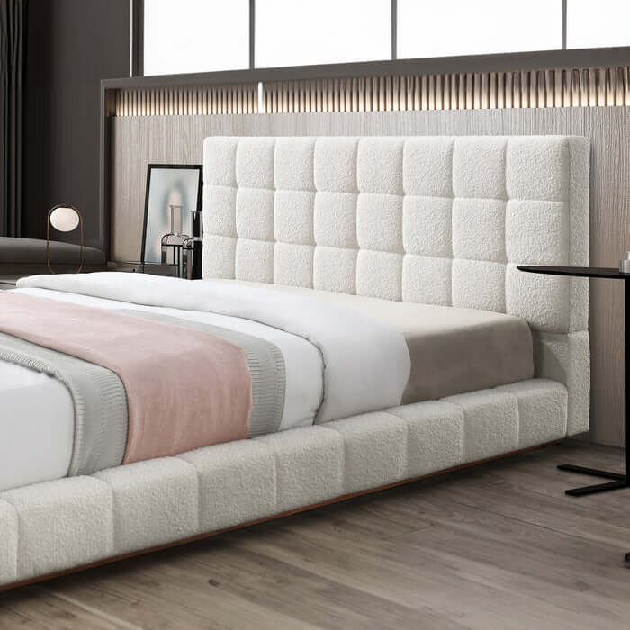 Hudson Tufted Ivory Boucle Upholstered Bed Frame Platform