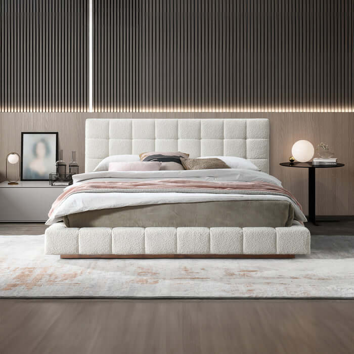 Hudson Tufted Ivory Boucle Upholstered Bed Frame Platform