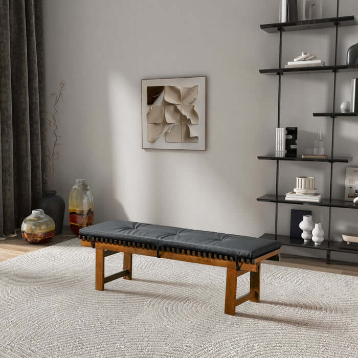 Lucia Upholstered Black Leather Solid Wood Bench 59