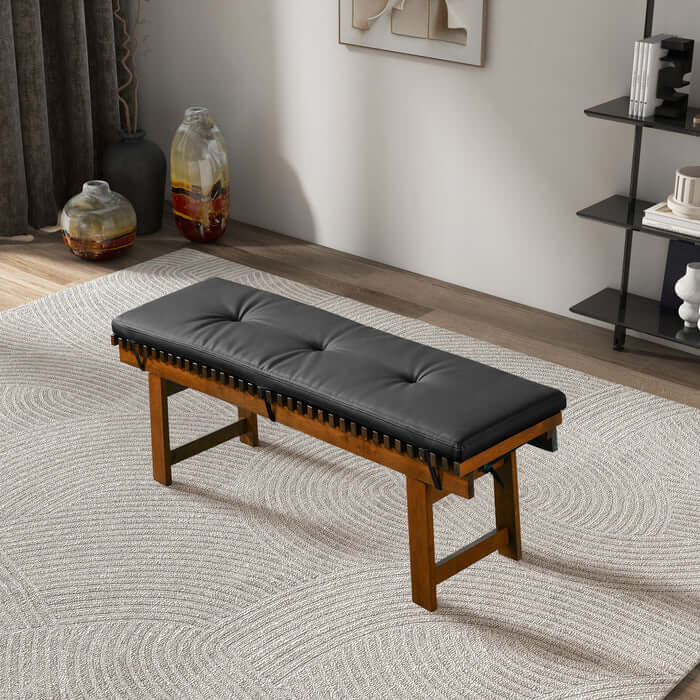 Lucia Upholstered Black Leather Solid Wood Bench 59