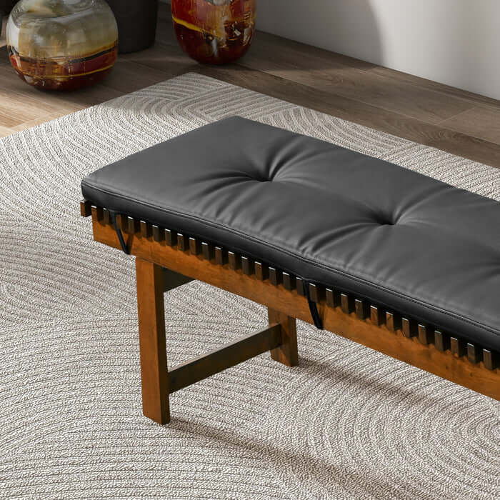 Lucia Upholstered Black Leather Solid Wood Bench 59