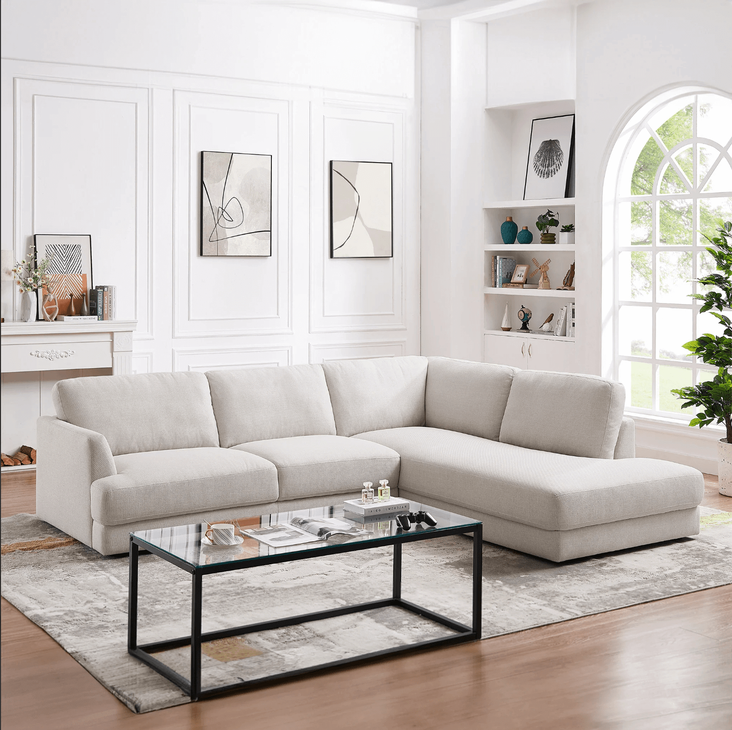 Glander Modern Linen Upholstered Chaise Sofa Sectional 108