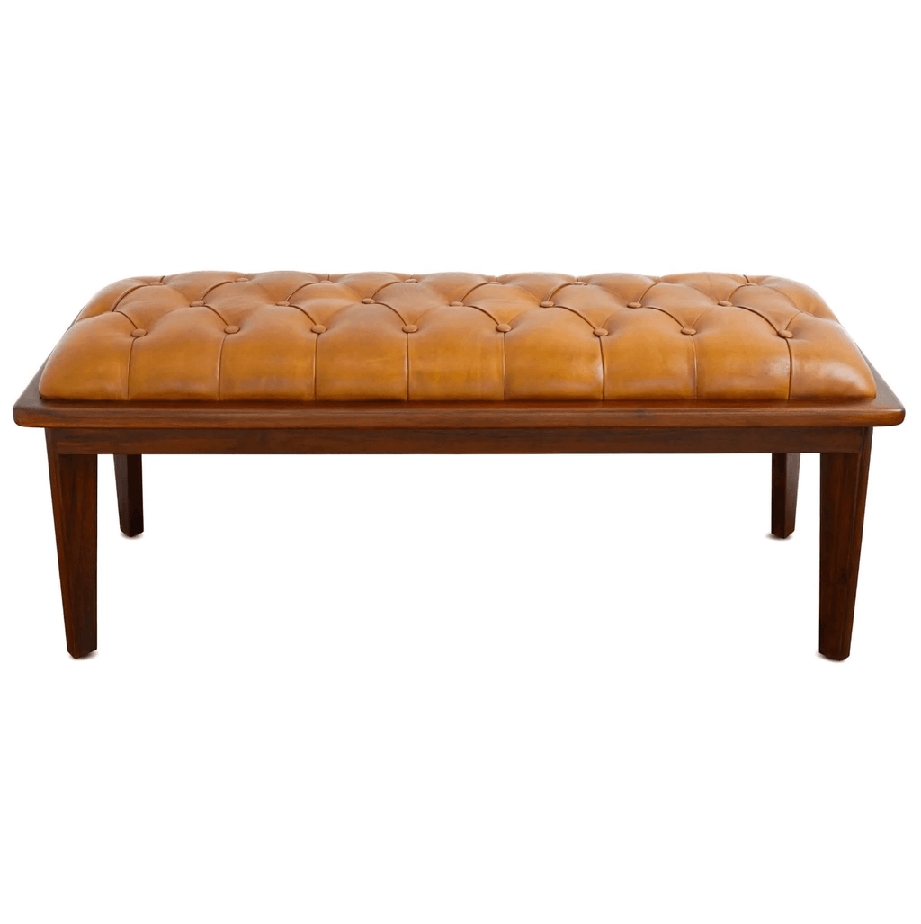 Arden Tufted Genuine Leather Wood Base Bench 49'