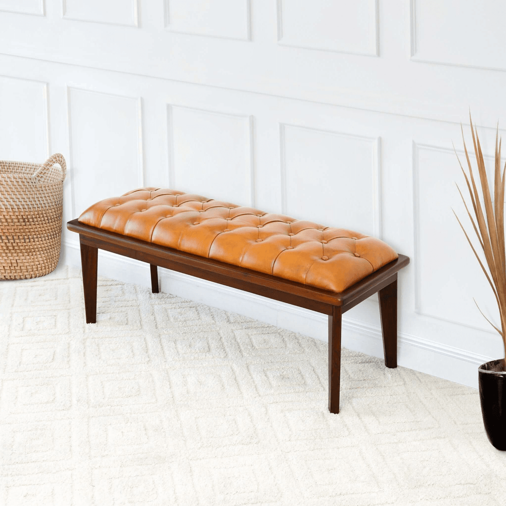 Arden Tufted Genuine Leather Wood Base Bench 49'