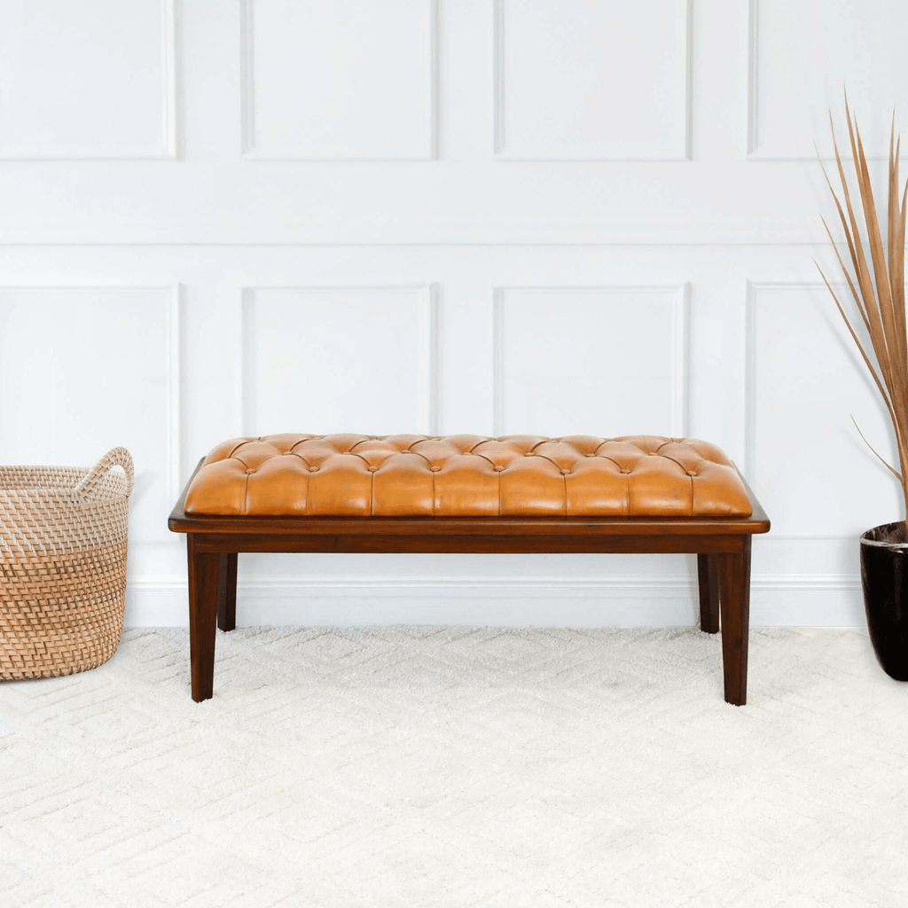 Arden Tufted Genuine Leather Wood Base Bench 49'