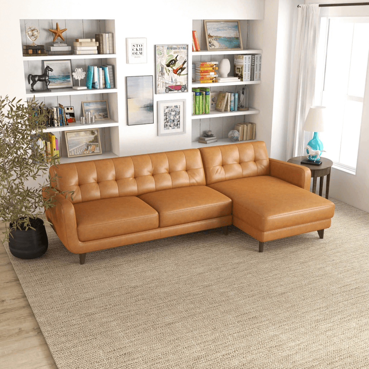 Allison MCM Leather Chaise Sofa Sectional 113