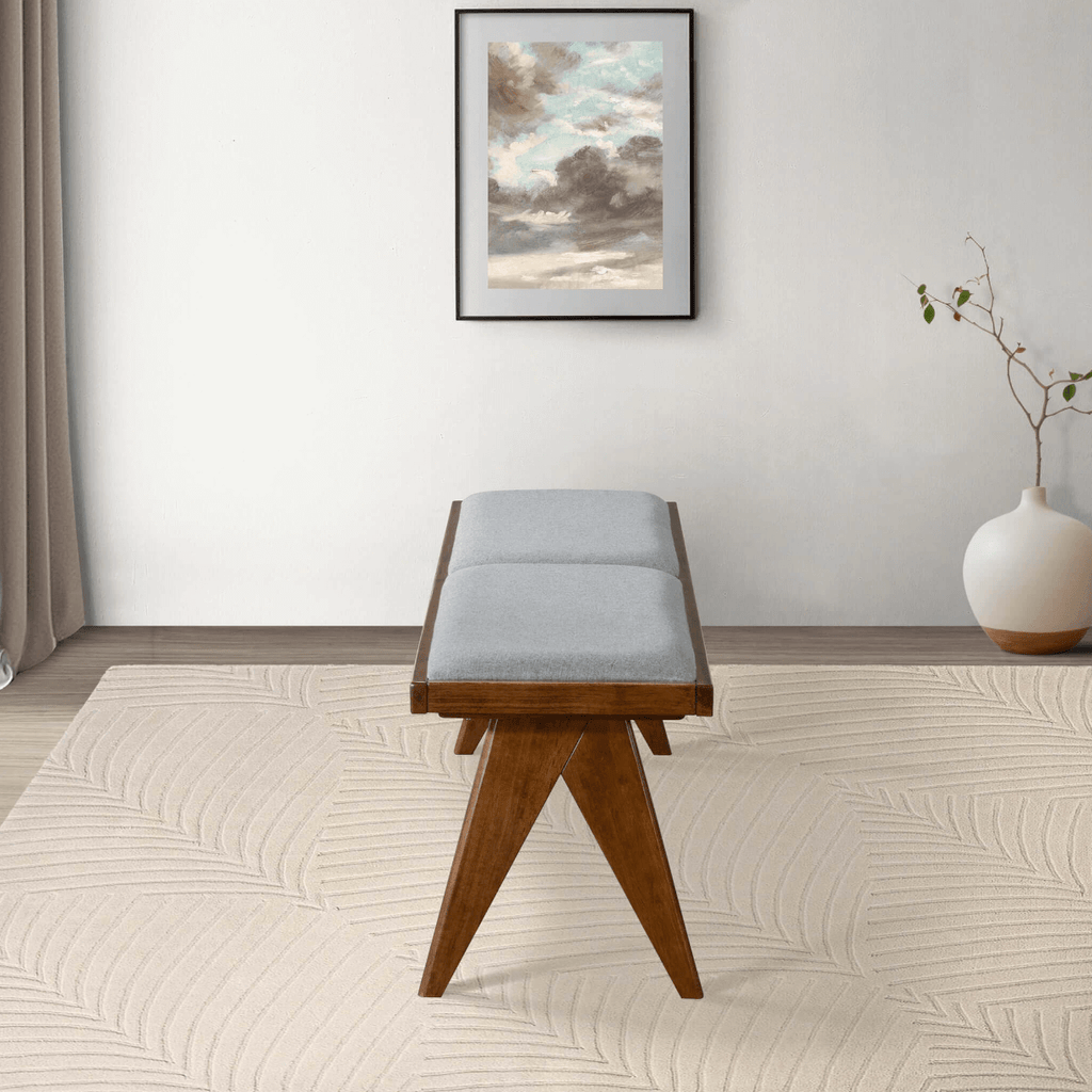 Keira MCM Solid Wood Gray Fabric Upholstered Bench 51'