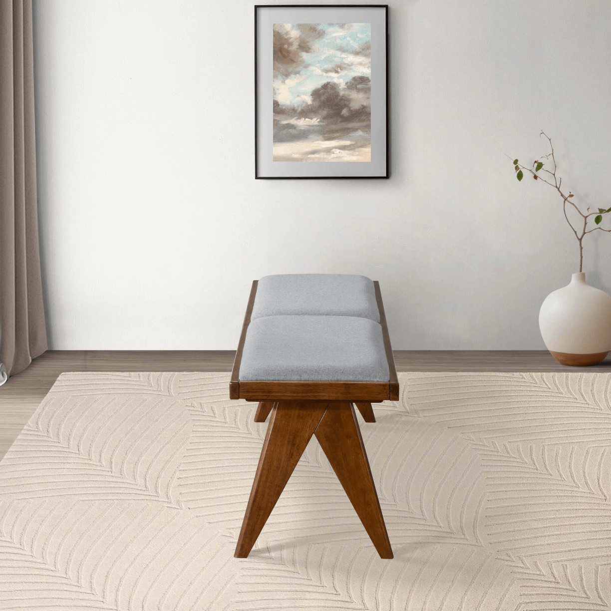 Keira MCM Solid Wood Gray Fabric Upholstered Bench 51'