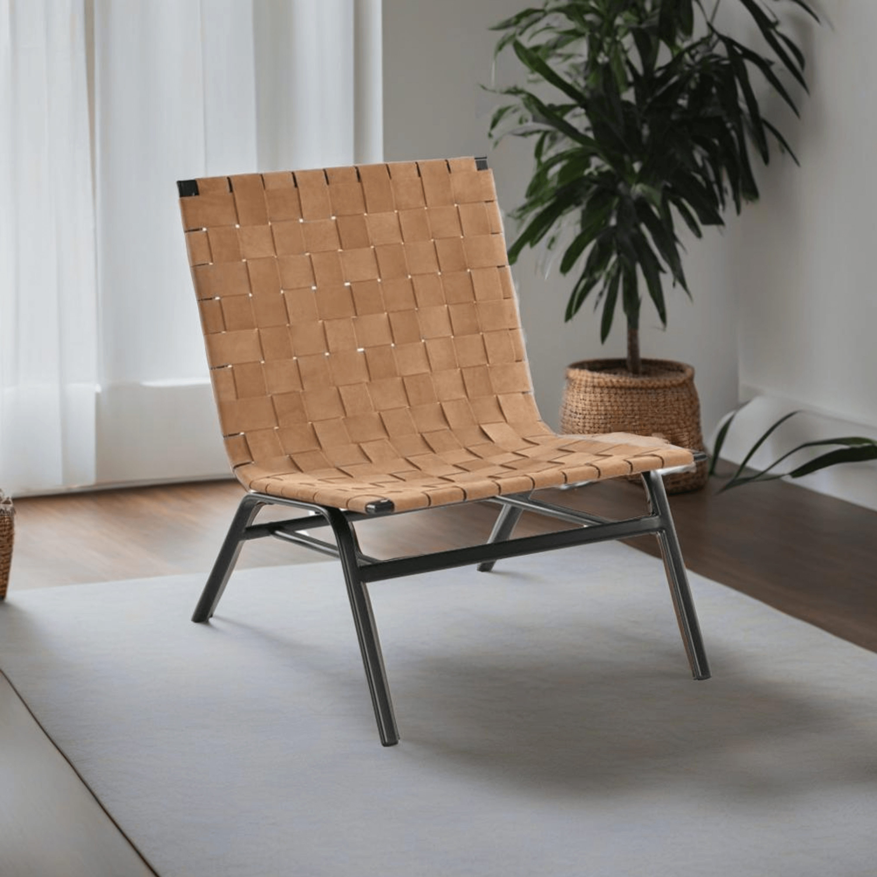 Camden Brown Leather Basket Weave Armless Accent Chair