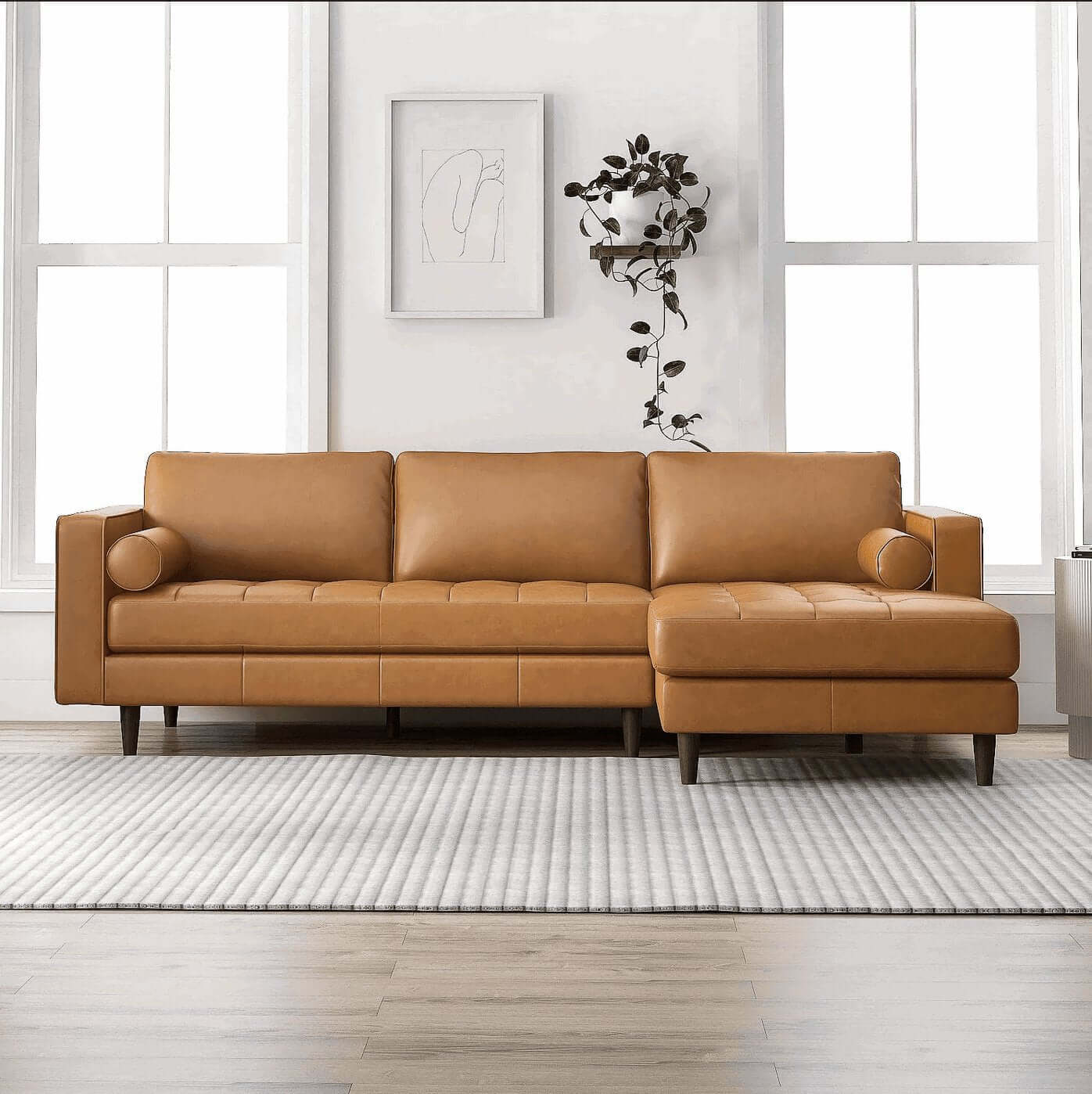 Anthony MCM Tufted Leather Chaise Sofa Sectional 101