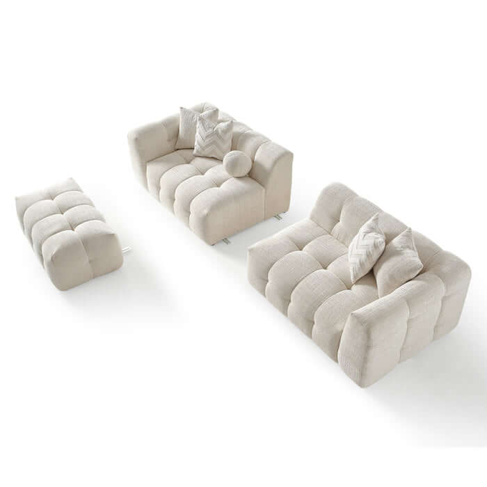 Alana Tufted Ivory Chenille Modular Sofa w/ Ottoman 113W