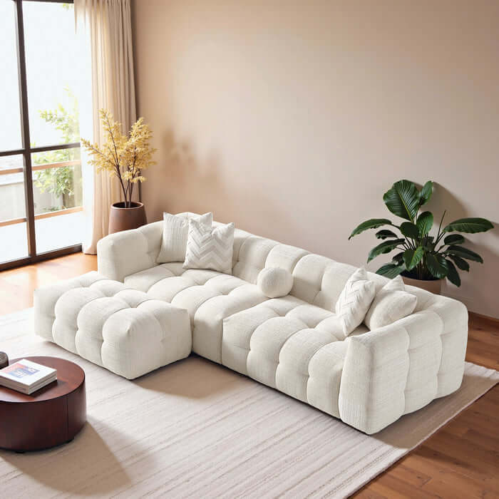 Alana Tufted Ivory Chenille Modular Sofa w/ Ottoman 113W