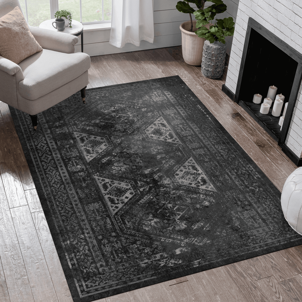 Black and Gray Washable Rectangular Area Rug (Various Sizes)