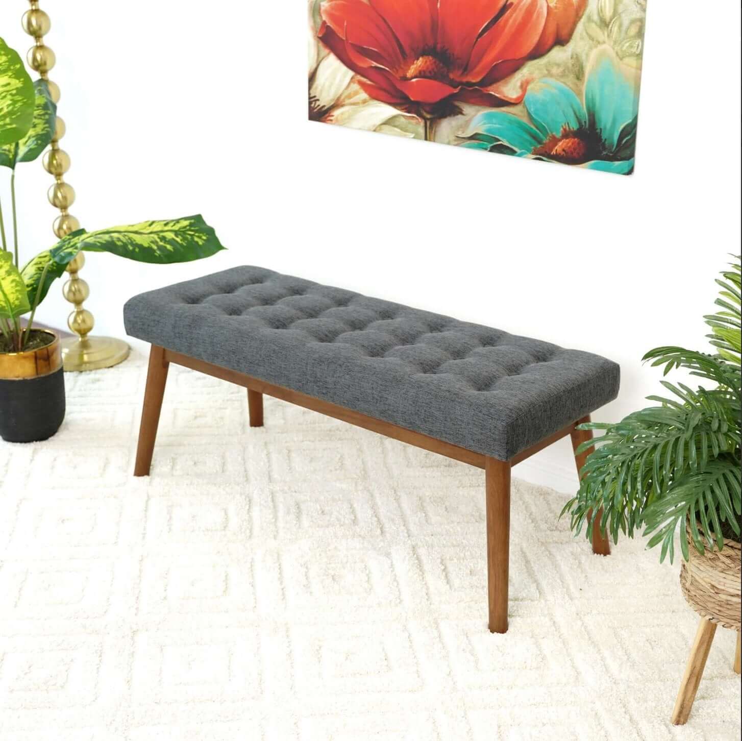 Delilah MCM Tufted Upholstered Fabric Bench