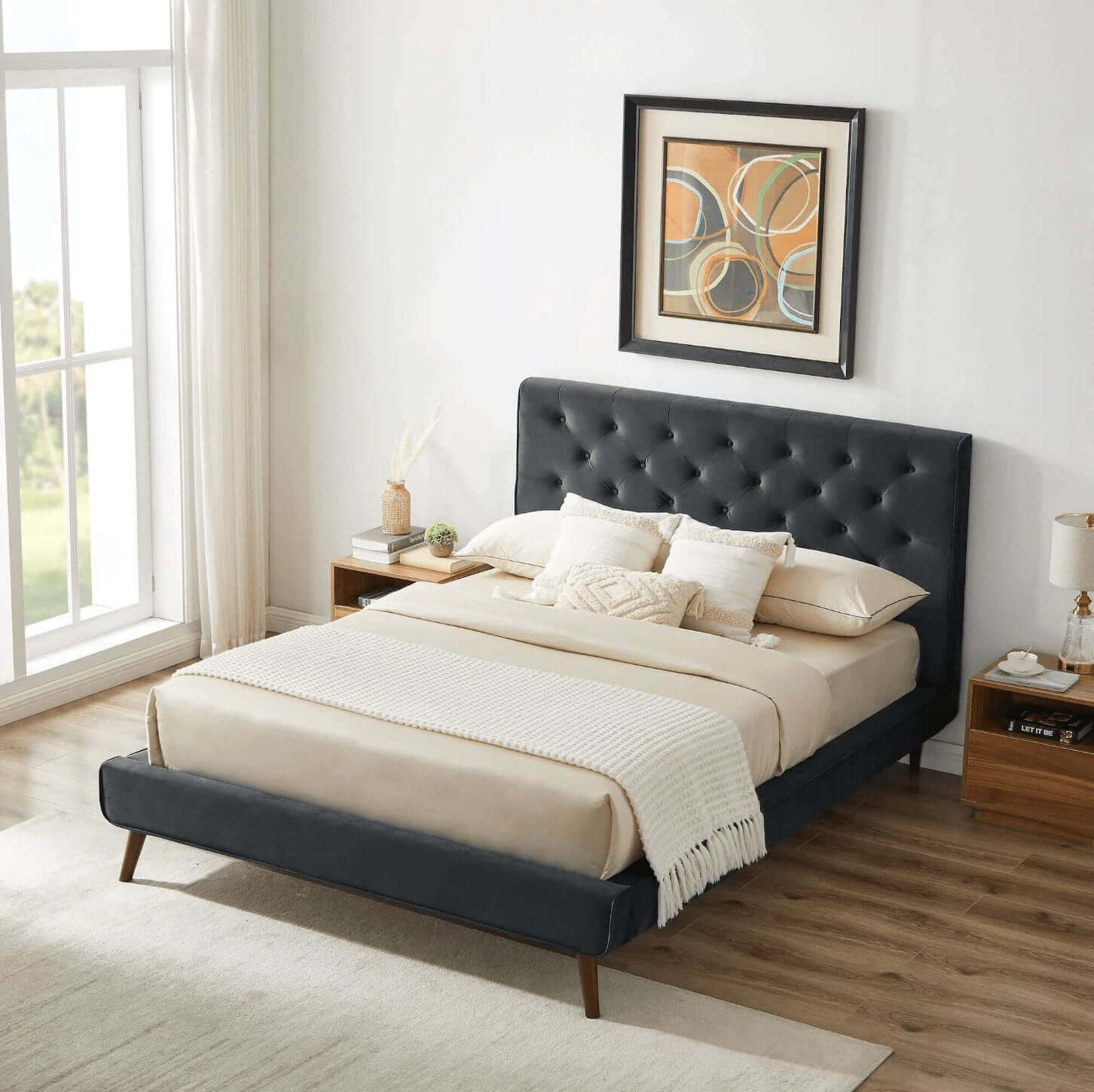 Dillon Button Tufted Velvet Upholstered Platform Bed (4 Colors)