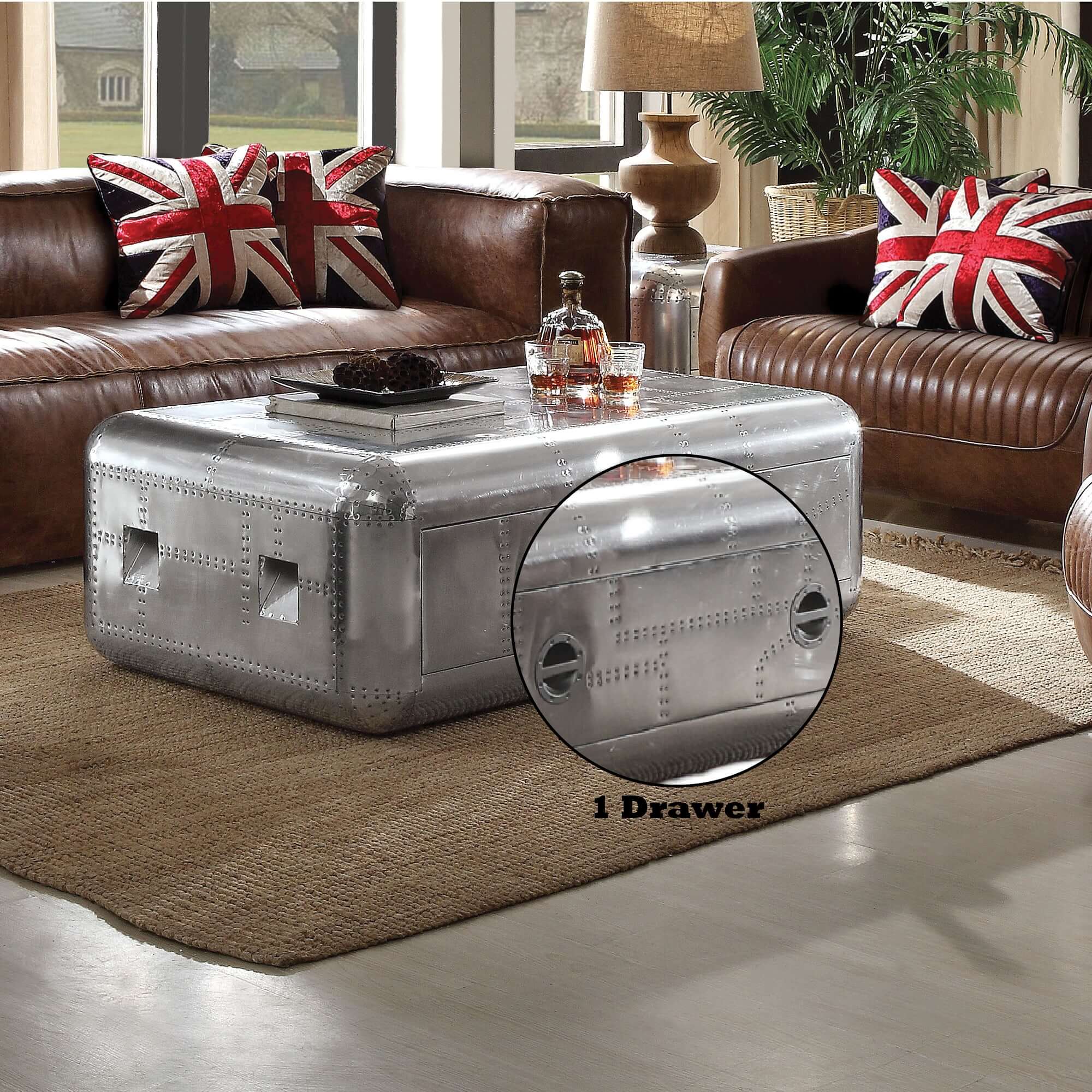 Brancaster Retro Industrial Aluminum Storage Drawer Coffee Table 52W