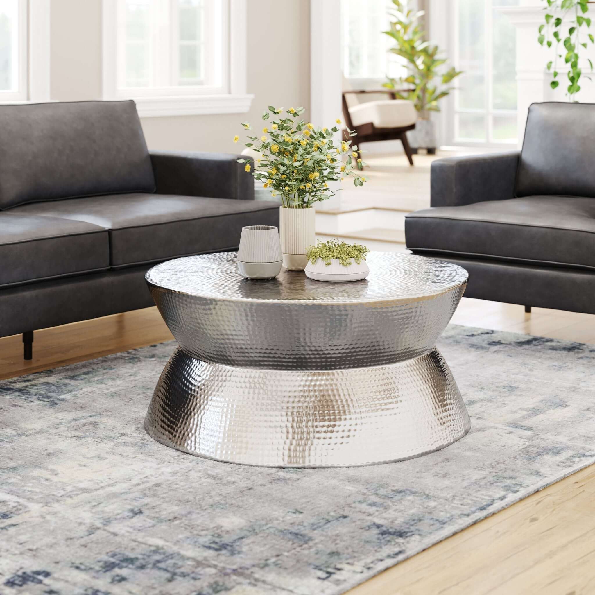 Madryn Silver Finish Hammered Metal Round Coffee Table 37