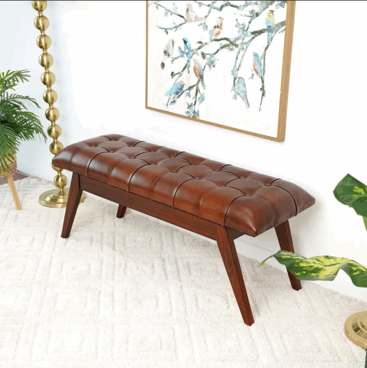 Maja Button-Tufted Genuine Leather Bench 55L