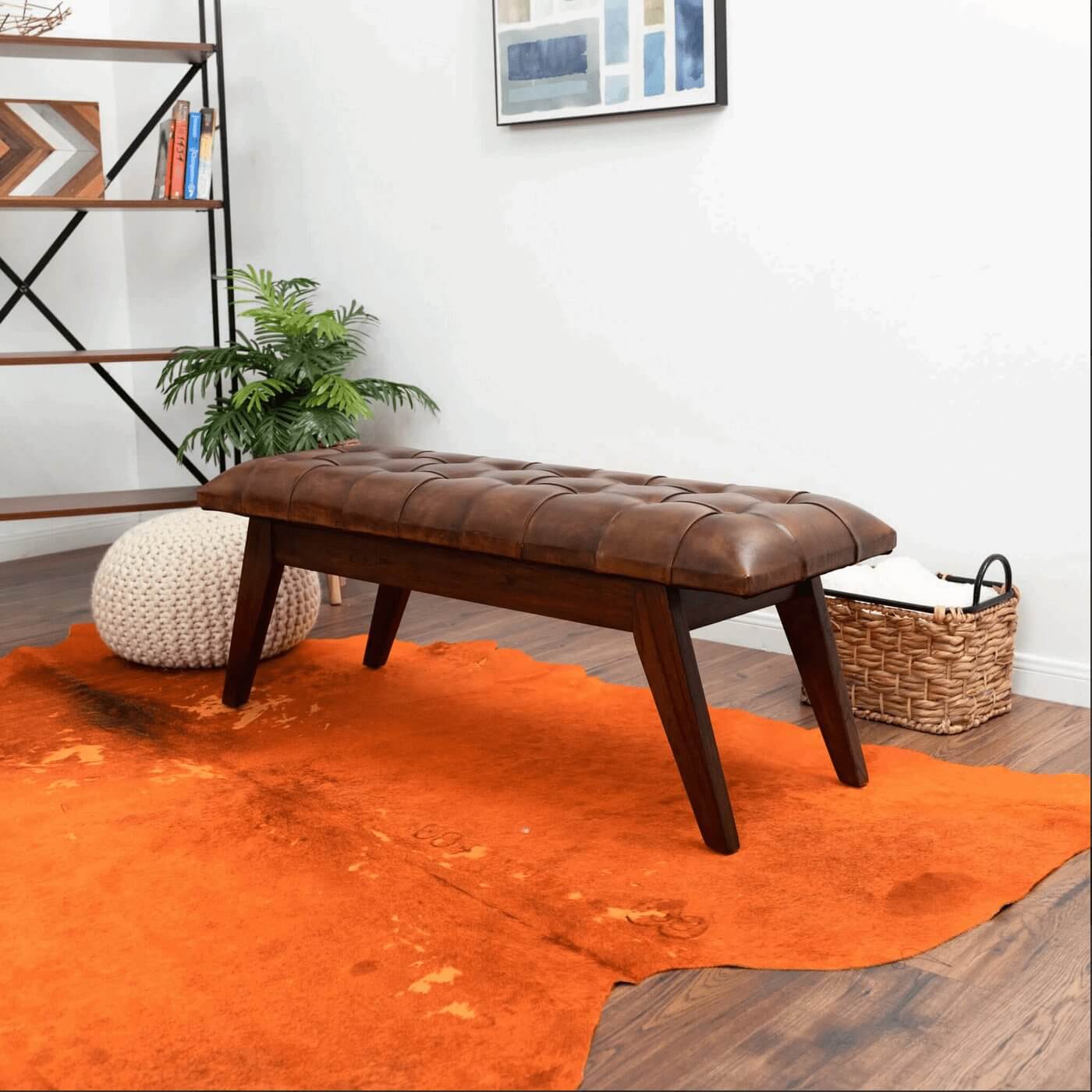 Maja Button-Tufted Genuine Leather Bench 55L