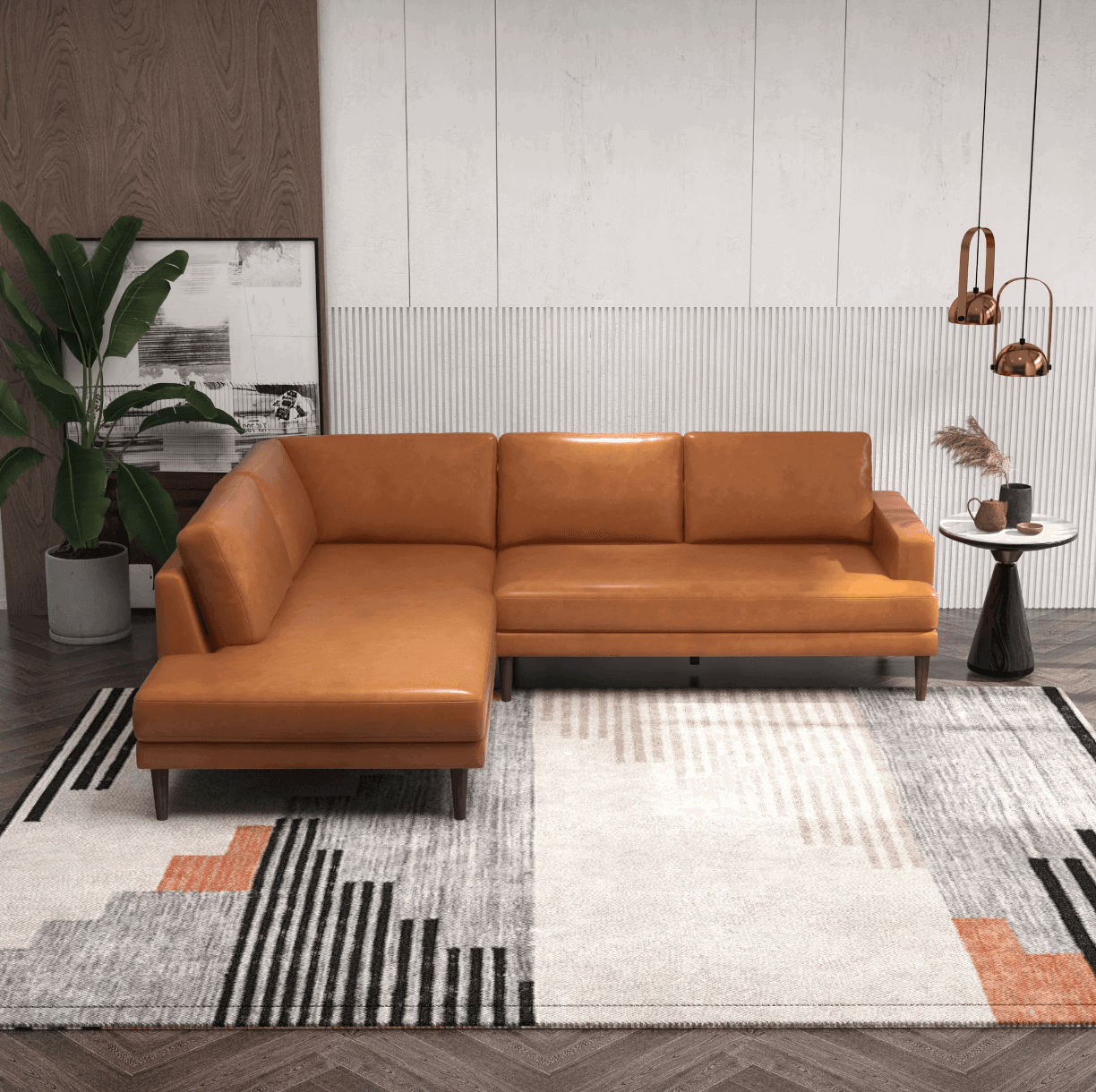 Corbin MCM Tan Leather Sectional Chaise Sofa 108