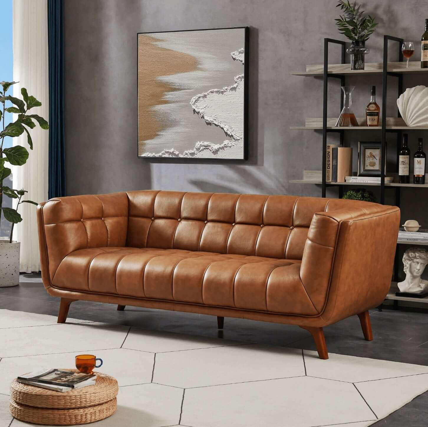 Addison MCM Button-Tufted Premium Leather Sofa 84”