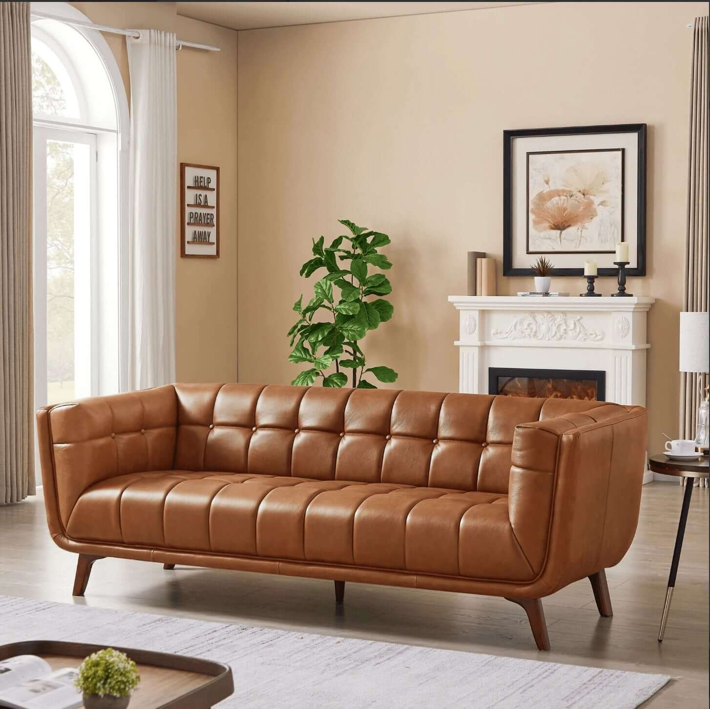 Addison MCM Button-Tufted Premium Leather Sofa 84”