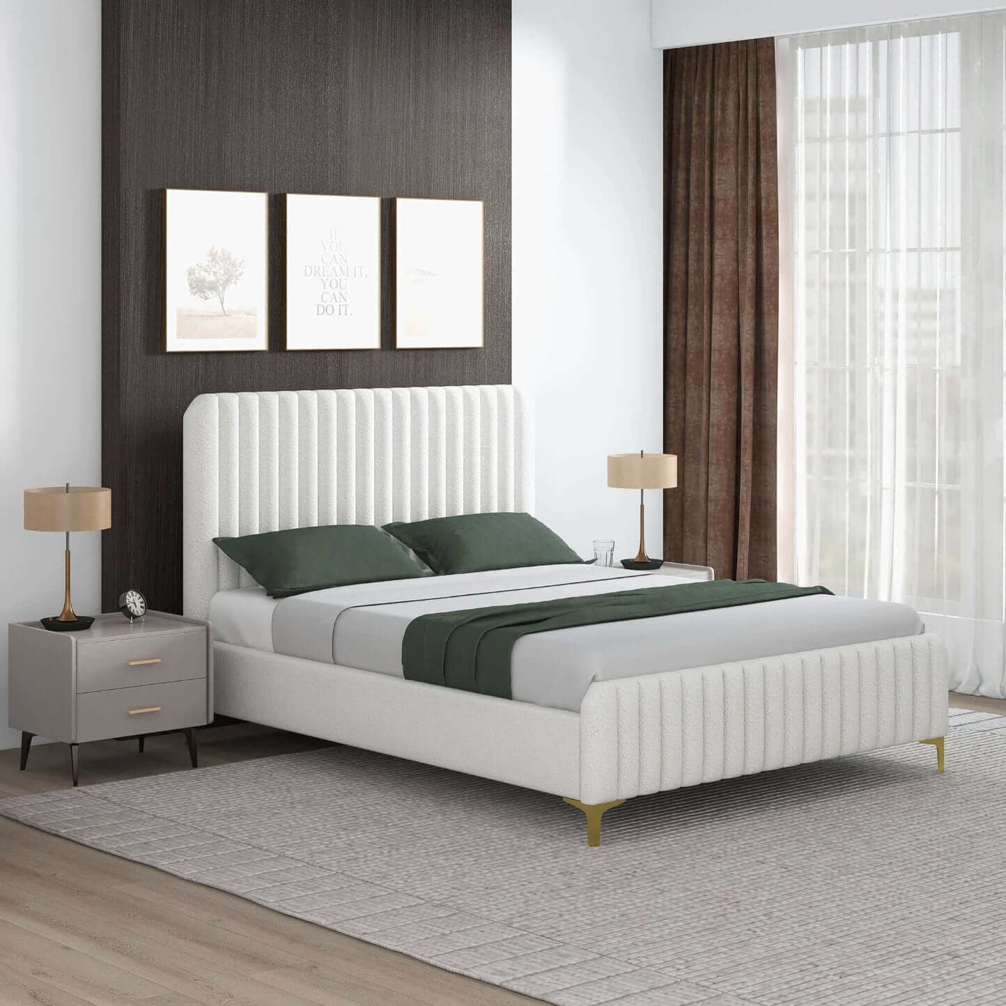 Valery Boucle Fabric Upholstered Platform Bed Frame (2 Colors)