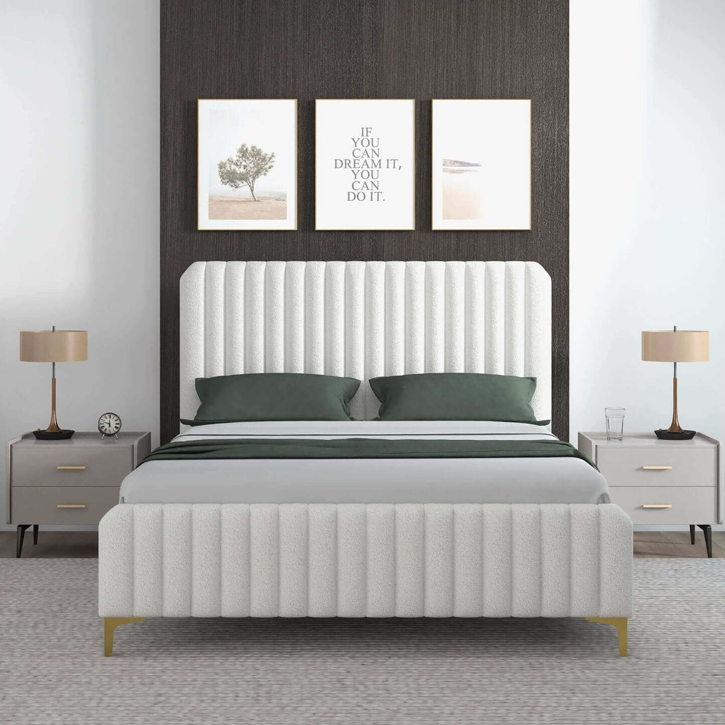 Valery Boucle Fabric Upholstered Platform Bed Frame (2 Colors)