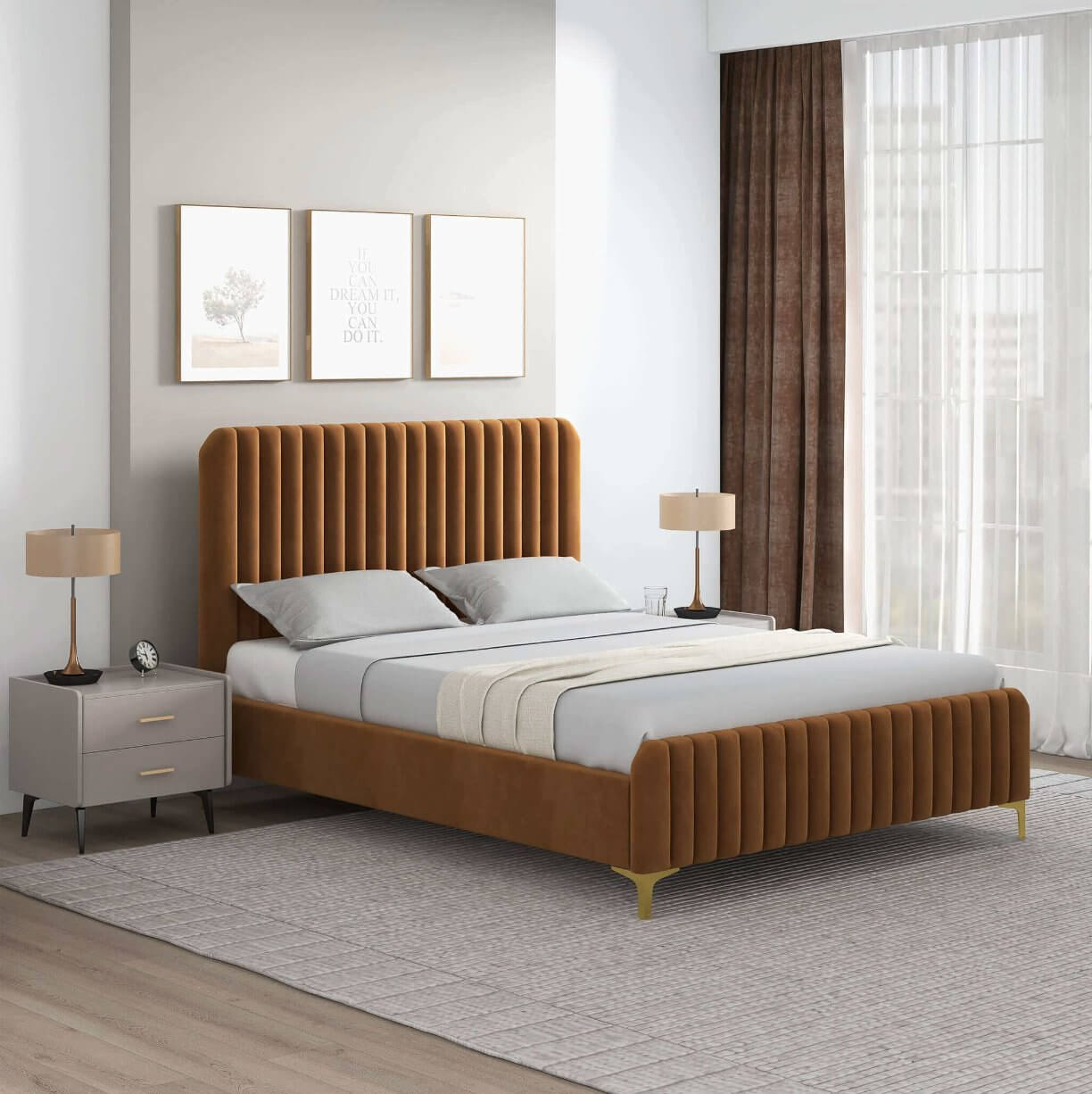 Valery Boucle Fabric Upholstered Platform Bed Frame (2 Colors)